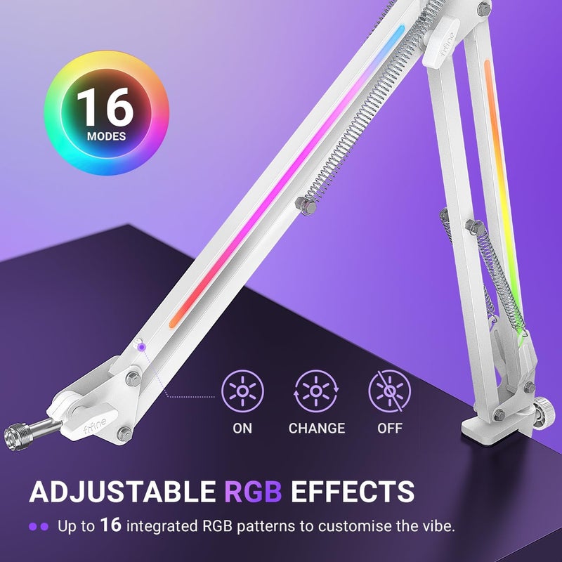 FIFINE Microphone Boom Arm, Heavy Duty Mic Arm with Controllable RGB Light,C-Clamp,Gaming Desktop Mic Mount Capacity for AM8,Studio Podcasting,Recording,Gaming,Streaming-BM38W - Image 4
